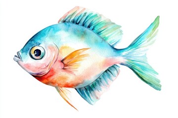 A vibrant watercolor illustration of a colorful fish, showcasing vivid blue and orange hues, with flowing fins and a cheerful expression.