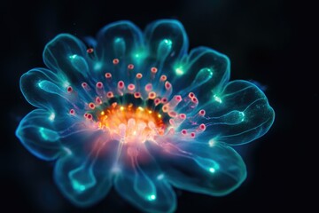 A bioluminescent underwater flower, glowing with vibrant teal, orange, and pink hues.