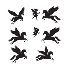 cute pegasus horse animals unicorn clipart cartoon icon set vector design illustrations