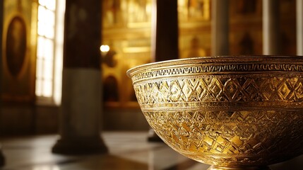 International Museum Day Exhibit Featuring Golden Roman Ceramics. Warm Lighting Enhances Historical Artifact in Grand Gallery Setting.