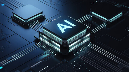 AI Chip Close-up: A detailed view of a central processing unit (CPU) chip labeled "AI," showcasing intricate circuits, reflecting the core of artificial intelligence and advanced technology.