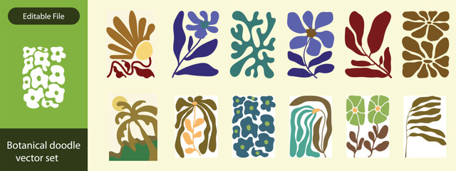 Botanical doodle background art vector set. Flower and leaves abstract shape doodle art design for print, wallpaper.