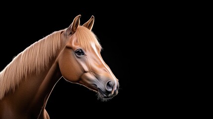 A chestnut Arabian horses head and neck are shown, its mane and coat gleaming. The horse is positioned against a pure black background, creating a striking contrast. The image is high-quality, with s