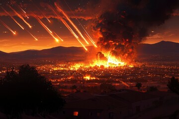 Fototapeta premium City in flames hit by meteor shower with burning skyline as apocalyptic event