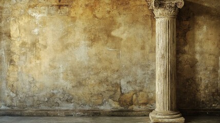 Ancient Corinthian column beside weathered textured wall in warm tones.
