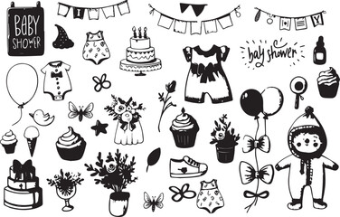 Whimsical hand drawn style Baby Shower illustration set for a little boy party silhouette vector