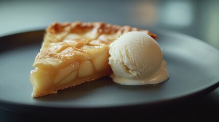 A slice of apple pie with a dollop of vanilla ice cream. Featuring sweetness and indulgence