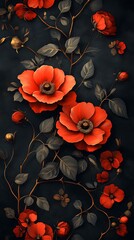 Elegant Red Poppy Mobile Wallpaper Floral Pattern with Green Leaves on Dark Background | Vertical HD Phone Wallpaper

