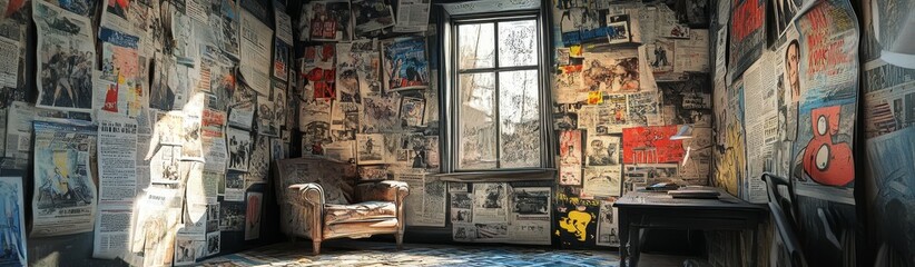 Fototapeta premium Interior room with armchair window and walls covered in pictures