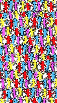 Seamless funny vertical video of a crowd of minimal sketch characters dancing.Stop motion zine culture video loop.