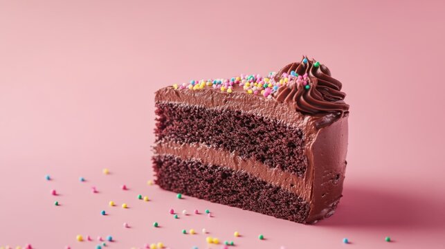 A slice of chocolate cake with creamy frosting and sprinkles. Featuring sweetness and indulgence