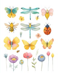 whimsical watercolor isolated on white insects and flowers A vibrant collection of beautifully illustrated insects and flowers perfect for nature lovers and artistic designs.