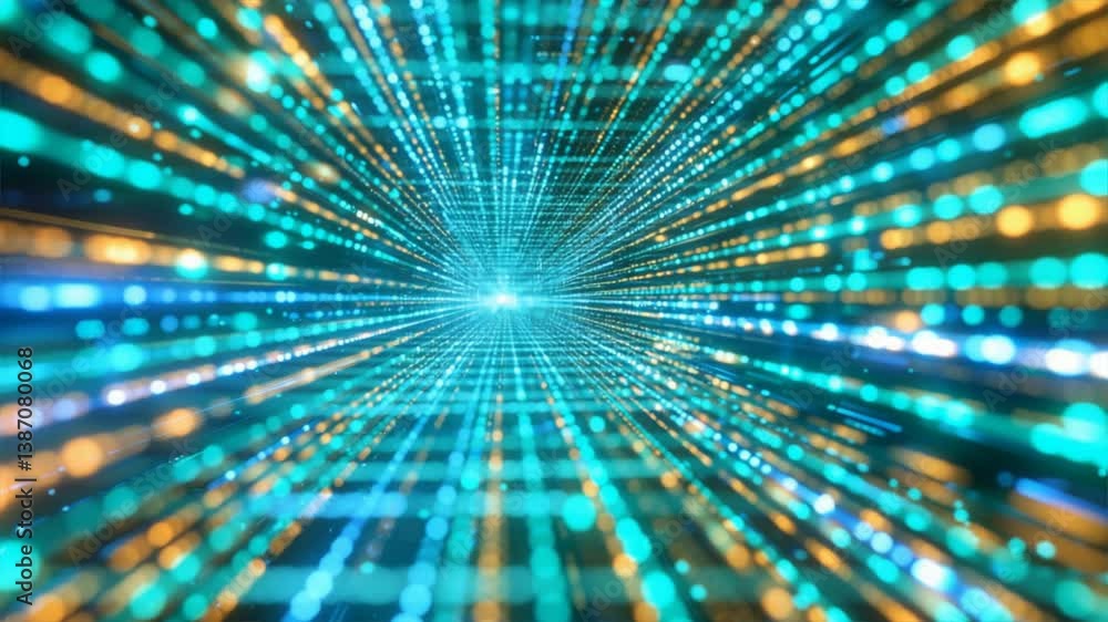 Poster an abstract representation of digital data transmission, featuring vibrant light trails and dynamic 