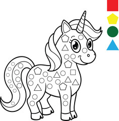 Cute Unicorn Coloring Page with Shapes for Kids