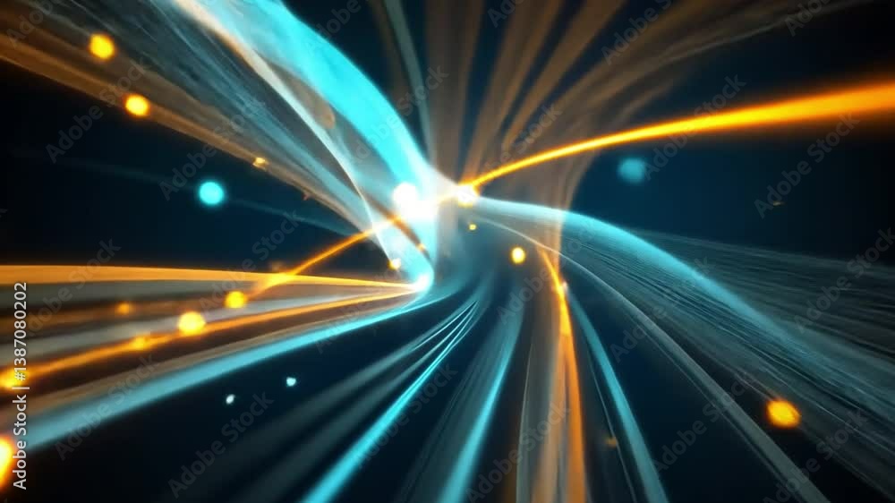 Poster vibrant abstract light trails in blue and orange hues create mesmerizing visual effect against dark 