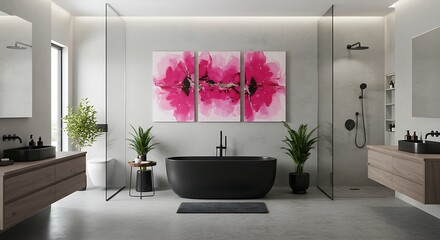 Pink Floral Triptych in Modern Bathroom Interior Design AI Generated