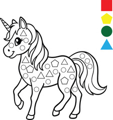 Cute Unicorn Coloring Page with Shapes for Kids
