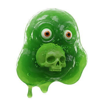 Green Ooze Monster Holding Skull Rendered in 3D with Cartoon Eyes