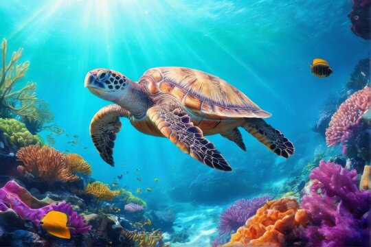 Sea Turtle Swimming Through Colorful Coral Reef Underwater
