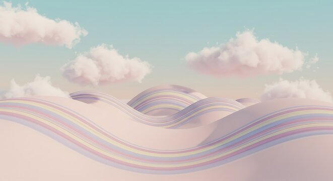 Pastel Rainbow Hillscape: A 3D Render of Dreamy Clouds and Rolling Terrain AI Generated