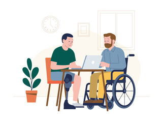 Collaboration inclusive au travail entre deux collègues en situation de handicap utilisant un ordinateur portable