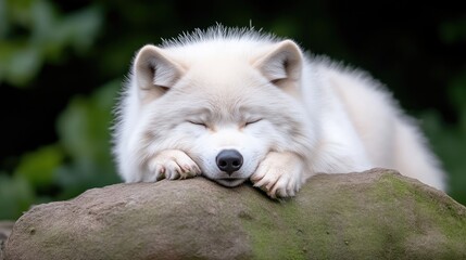 Obraz premium Arctic Wolf on Rock Peaceful Serene Style High Resolution Close-up Shot Soft Fur Sleeping Restfully Lush Green Background Soft White Tones Ideal for Calming Imagery