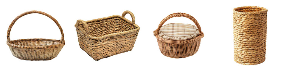Obraz premium Four empty wicker baskets of varied shapes and textures.