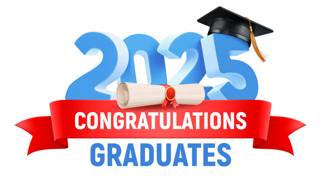 Congratulations graduates logo, with 3d realistic graduation cap, volumetric numbers 2025, red ribbon and diploma for high school graduate, university or college graduation. Vector illustration