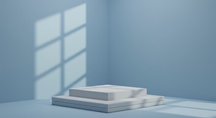 Serene Minimalist 3D Render: Stack of White Cubes in a Blue Room AI Generated