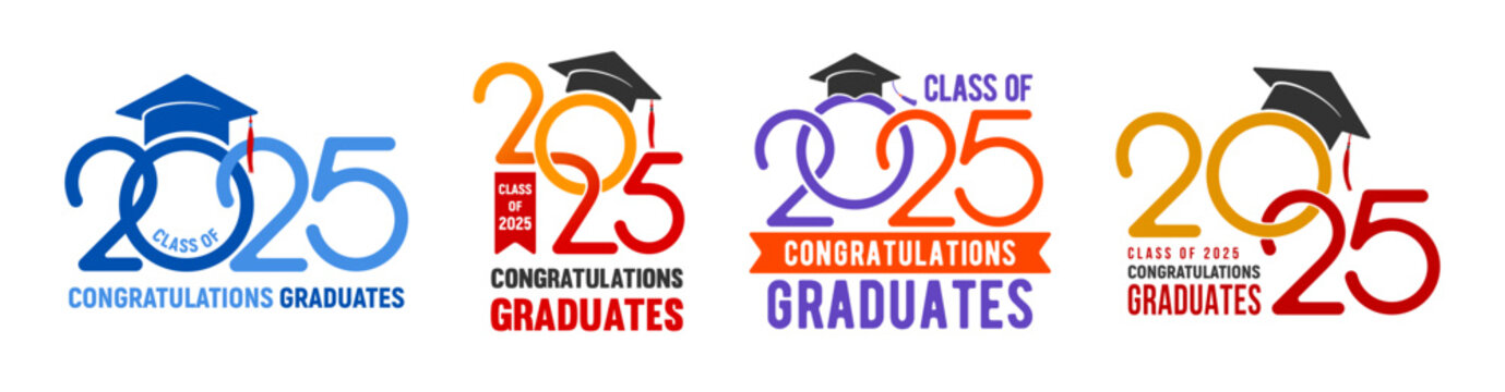 Class of 2025,  set of logo, badges for congratulations graduates, or other education events, with academic hat and numbers for high school, university, college graduation. Vector illustration