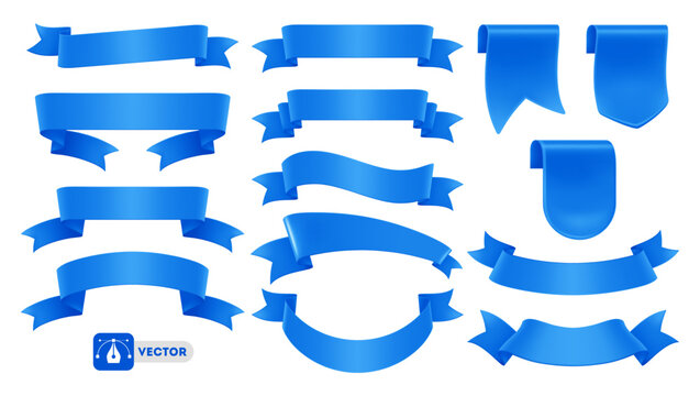 3d realistic blue ribbons set. Ribbons collection isolated on white background. Design element, decorative sticker. Cute folded ribbon for sale banner, advertisement, celebration. Vector illustration