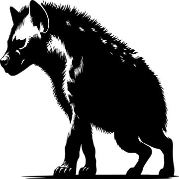 black and white sillhouette of a hyene isolated white background