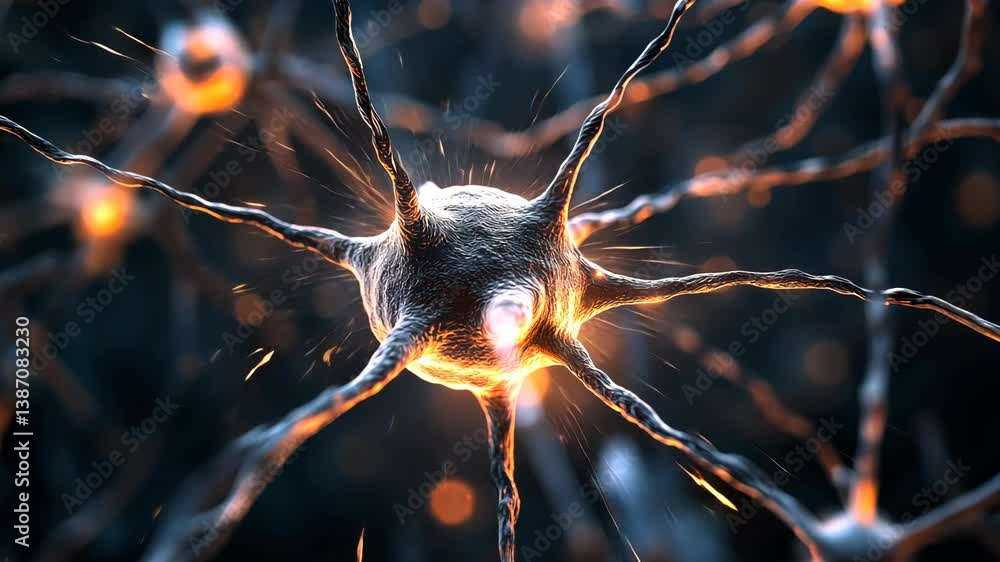 Poster detailed microscopic view of neuron cells with visible electrical activity and shining light, neural