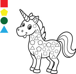 Printable coloring page of a unicorn with geometric shapes for kids.