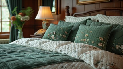 Elegant bedroom, floral pillows,  cozy bedding,  wooden interior design