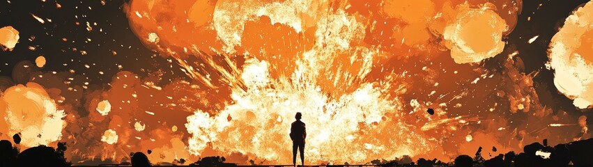 Silhouette of person facing a large explosion with orange and