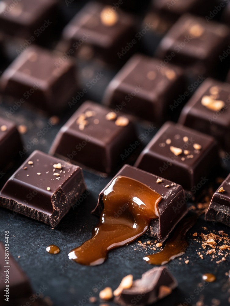 Poster luxurious dark chocolate squares with oozing caramel drips create a rich and glossy dessert experien