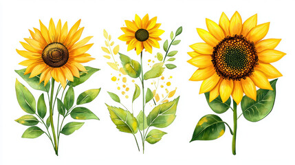 Obraz premium Bright sunflowers with vibrant yellow petals and green leaves, showcasing their beauty and charm in watercolor style