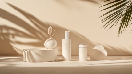 Beige skincare products display, sunlit shadows, tropical leaf