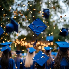 Graduation Caps Toss with Golden Confetti.