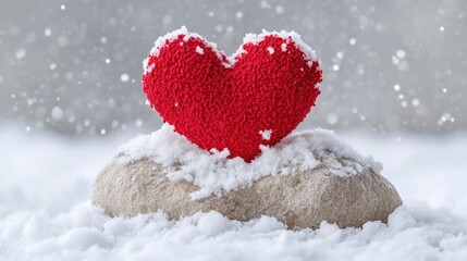 Fototapeta premium Red knitted heart resting on a snow-covered stone during a winter snowfall.