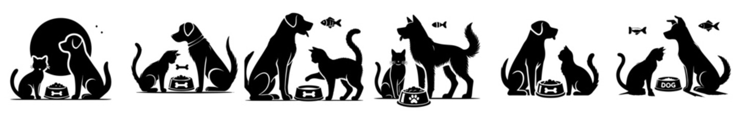 vector set of silhouettes of dogs and cats eating