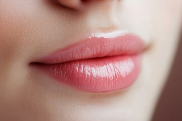 Fototapeta premium Plump and well-moisturized lips with glossy sheen showcasing smooth texture and natural pink hues in close-up view