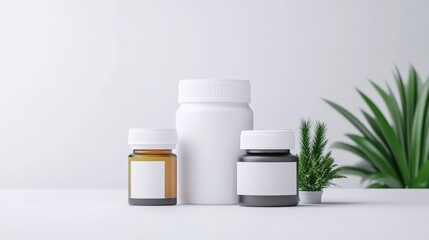 Three containers, a large white one and two smaller ones amber and black, sit on a white surface. A small plant is beside them. The image is clean and minimalist. Soft, even lighting creates a calm