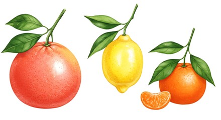 Vibrant Citrus Trio: Hand-Drawn Illustration in Warm Hues AI Generated