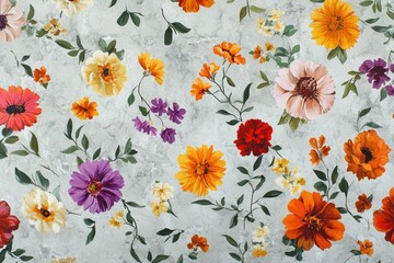 A gray background adorned with a vibrant array of painted flowers in various colors and sizes.