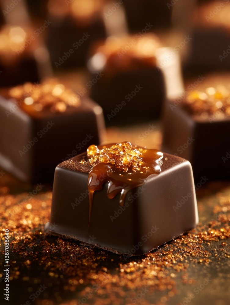 Poster luxurious dark chocolate squares with rich caramel drips and glossy textures in soft golden lighting