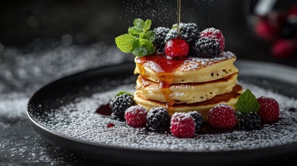 A stack of fluffy pancakes with maple syrup and fresh berries. Featuring indulgence and sweetness