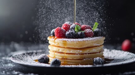 A stack of fluffy pancakes with maple syrup and fresh berries. Featuring indulgence and sweetness