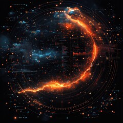Fototapeta premium Digital Planet: A fiery digital landscape visualized through data streams and glowing planetary contours